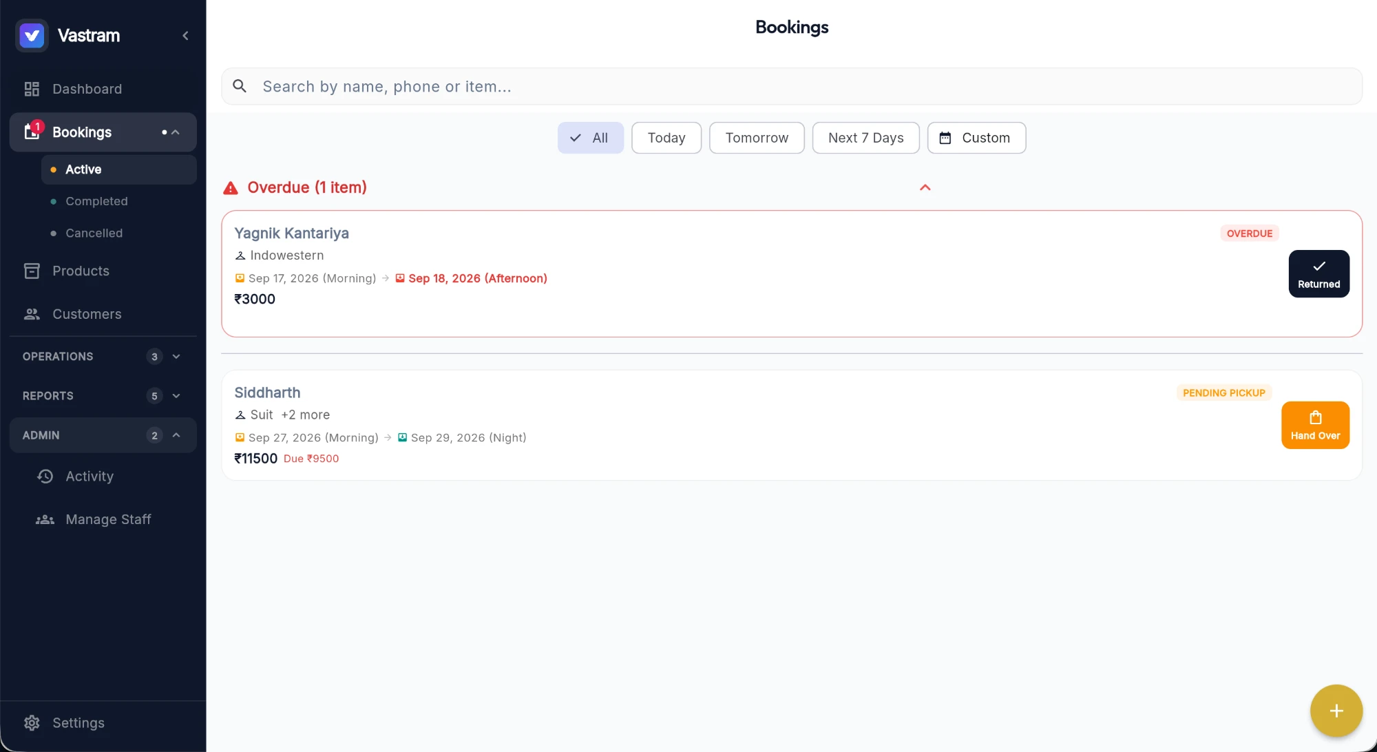 Vastram bookings screen showing an overdue return and a pending pickup