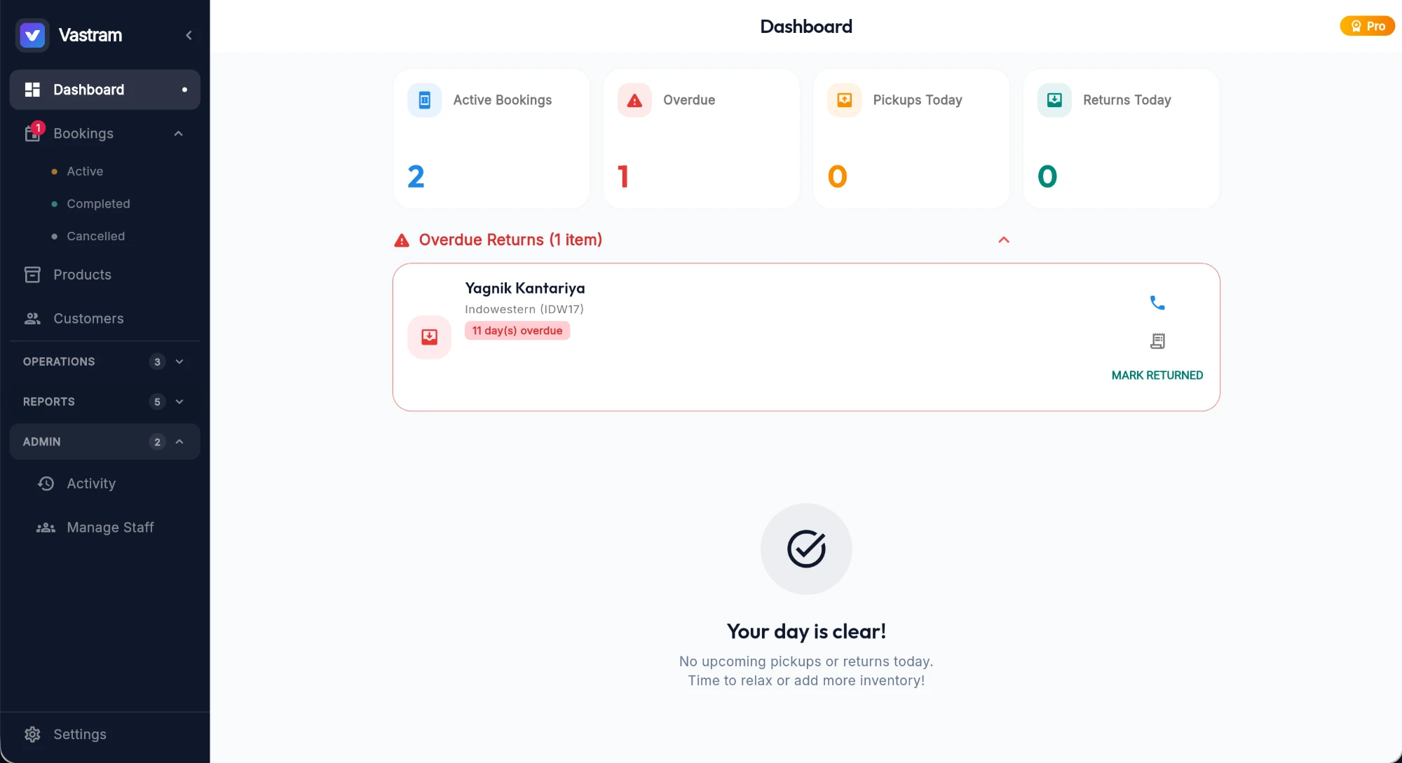 Vastram dashboard showing active bookings and overdue returns